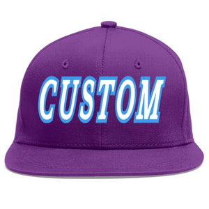 Custom Purple White-Powder Blue Flat Eaves Sport Baseball Cap