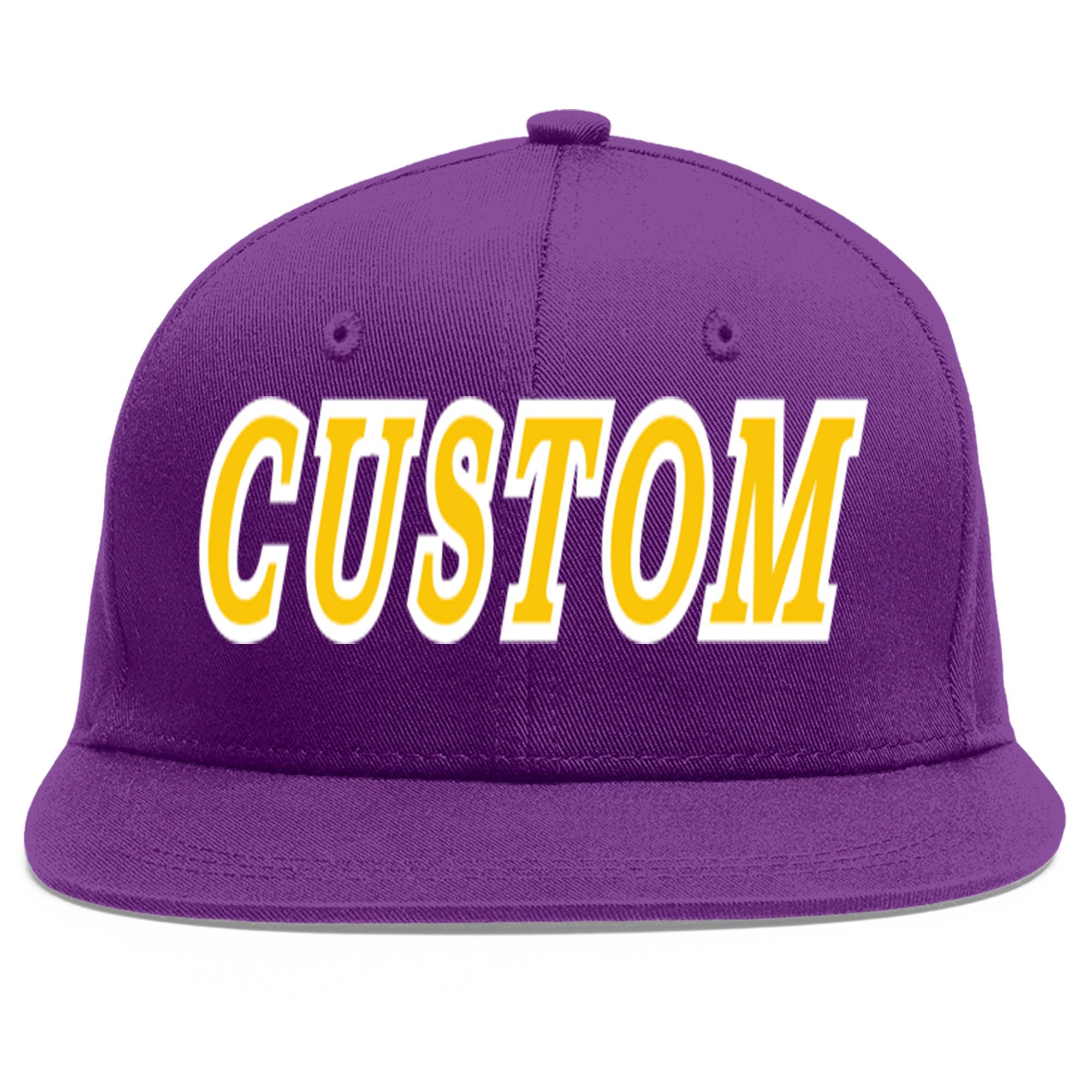 Custom Purple Gold-White Flat Eaves Sport Baseball Cap