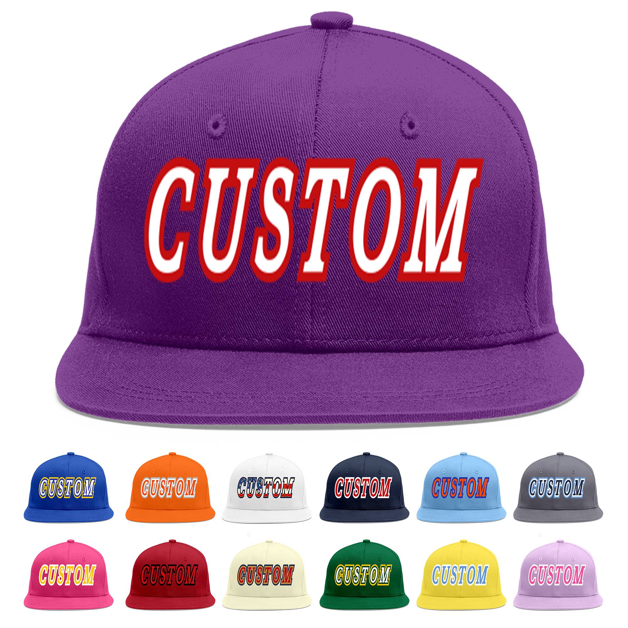 Casquette de baseball sport personnalisée violet blanc-rouge à avant-toit plat