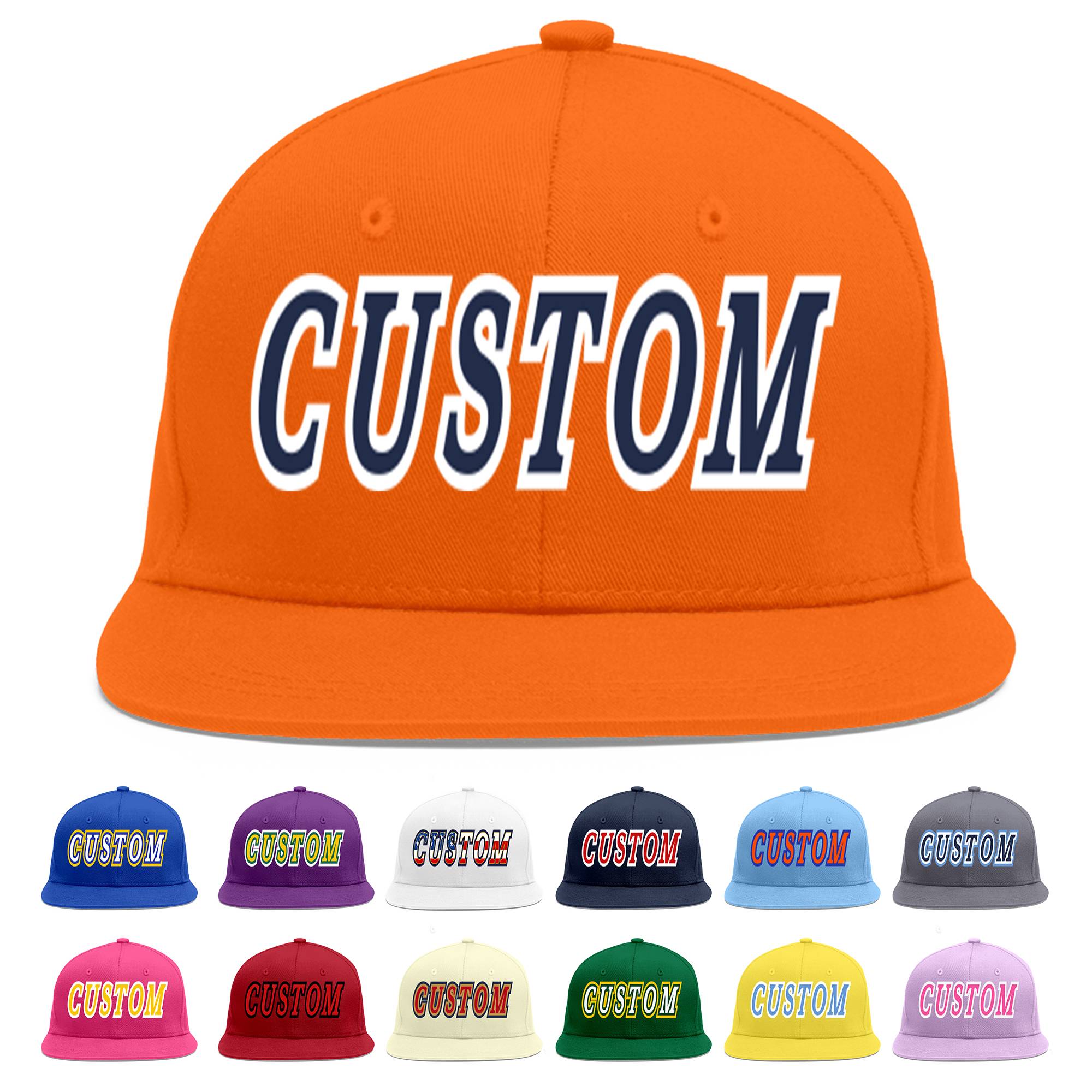 Custom Orange Navy-White Flat Eaves Sport Baseball Cap