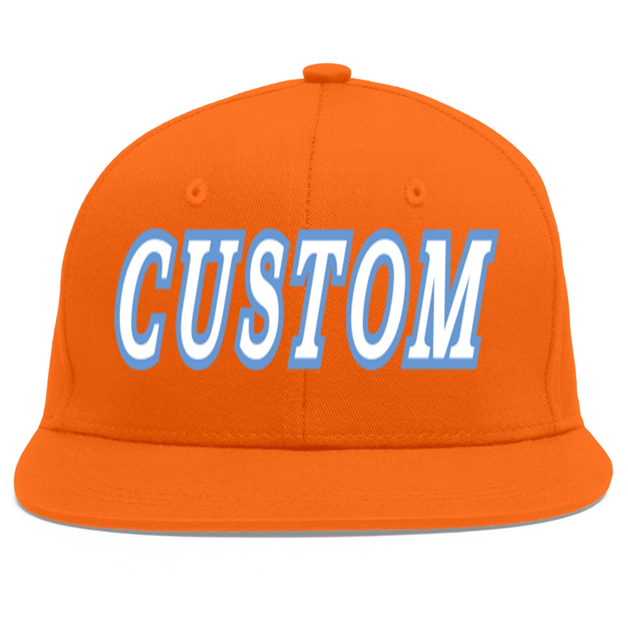 Custom Orange White-Light Blue Flat Eaves Sport Baseball Cap