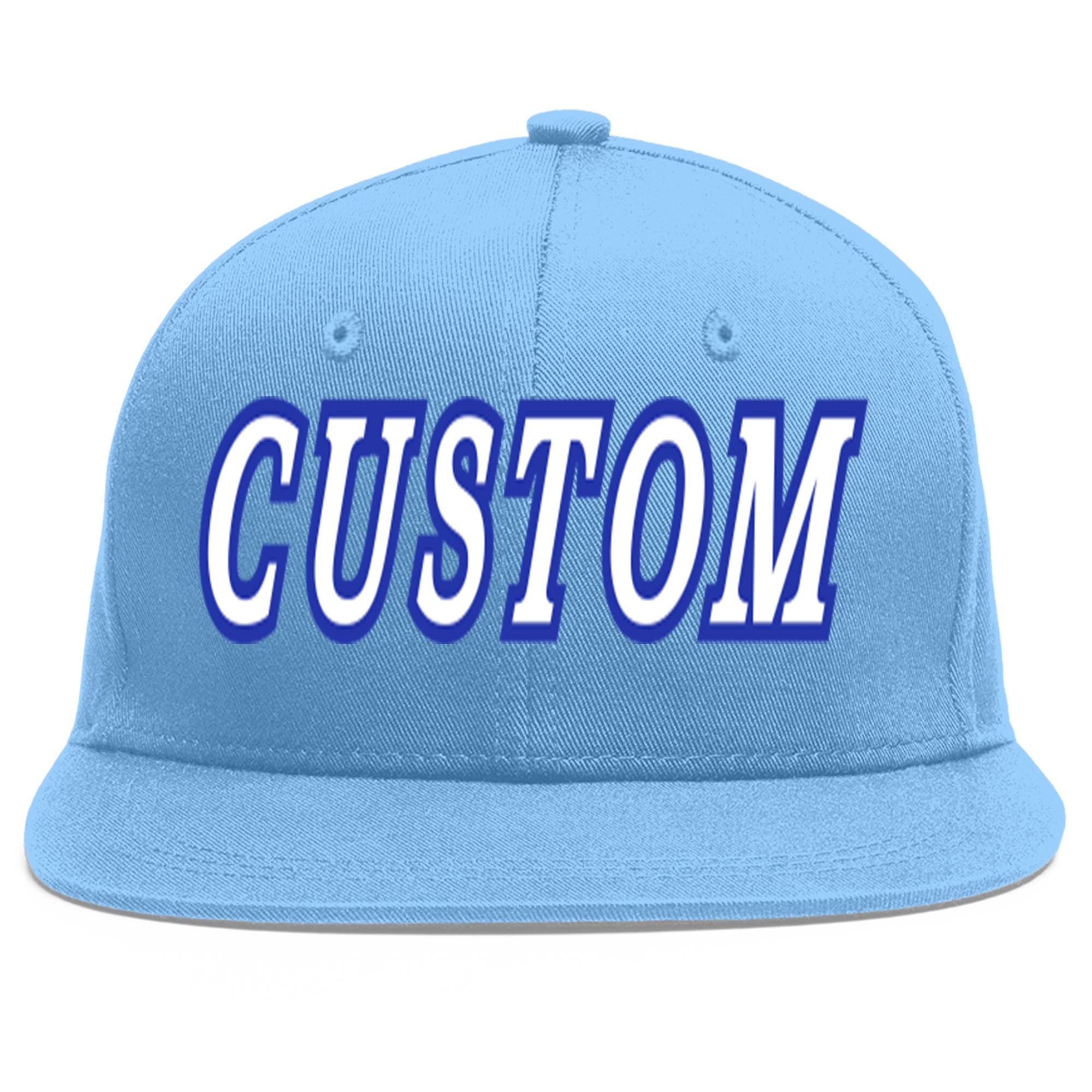 Custom Light Blue White-Royal Flat Eaves Sport Baseball Cap