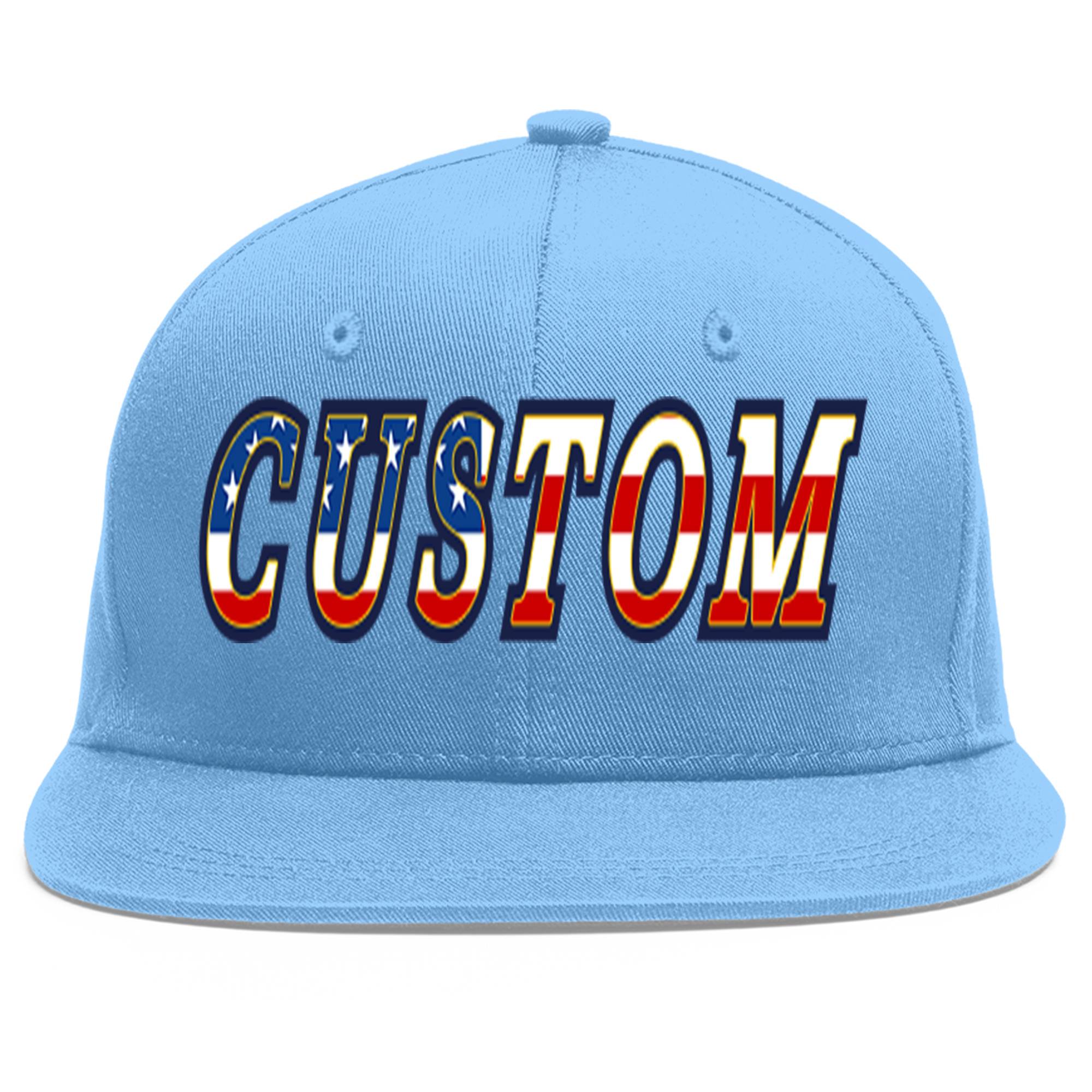 Casquette de baseball personnalisée avec drapeau américain vintage bleu clair et or plat avant-toit