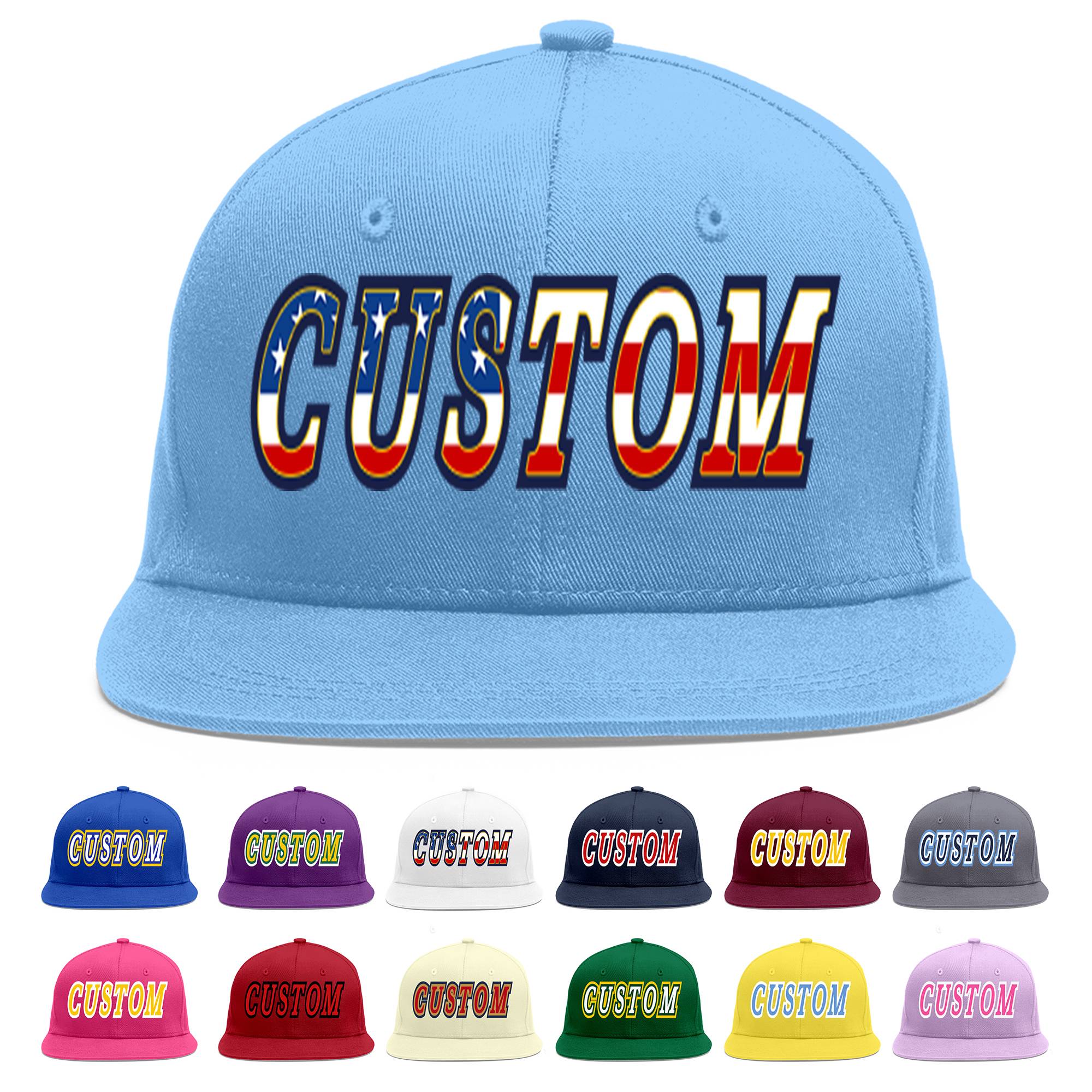 Custom Light Blue Vintage USA Flag-Gold Flat Eaves Sport Baseball Cap