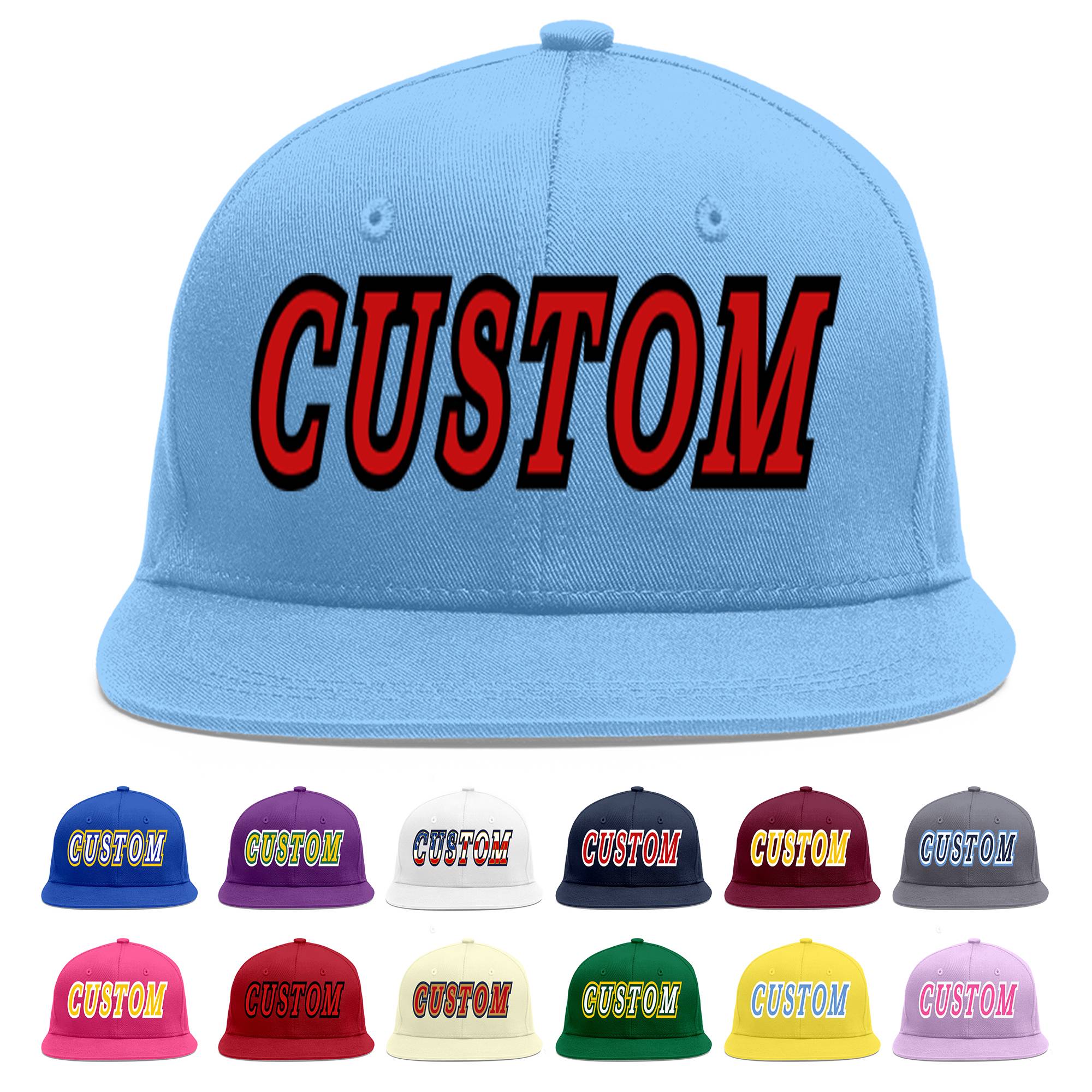 Custom Light Blue Red-Black Flat Eaves Sport Baseball Cap