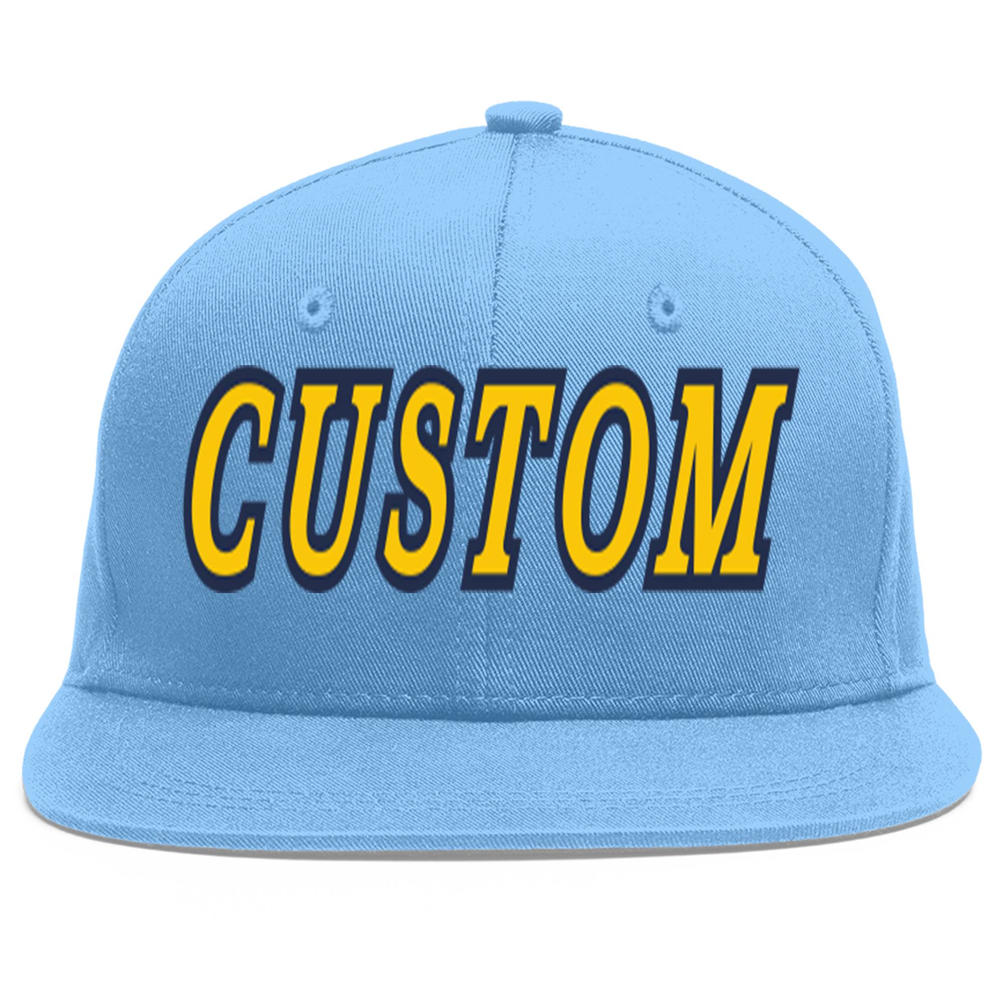 Custom Light Blue Gold-Navy Flat Eaves Sport Baseball Cap