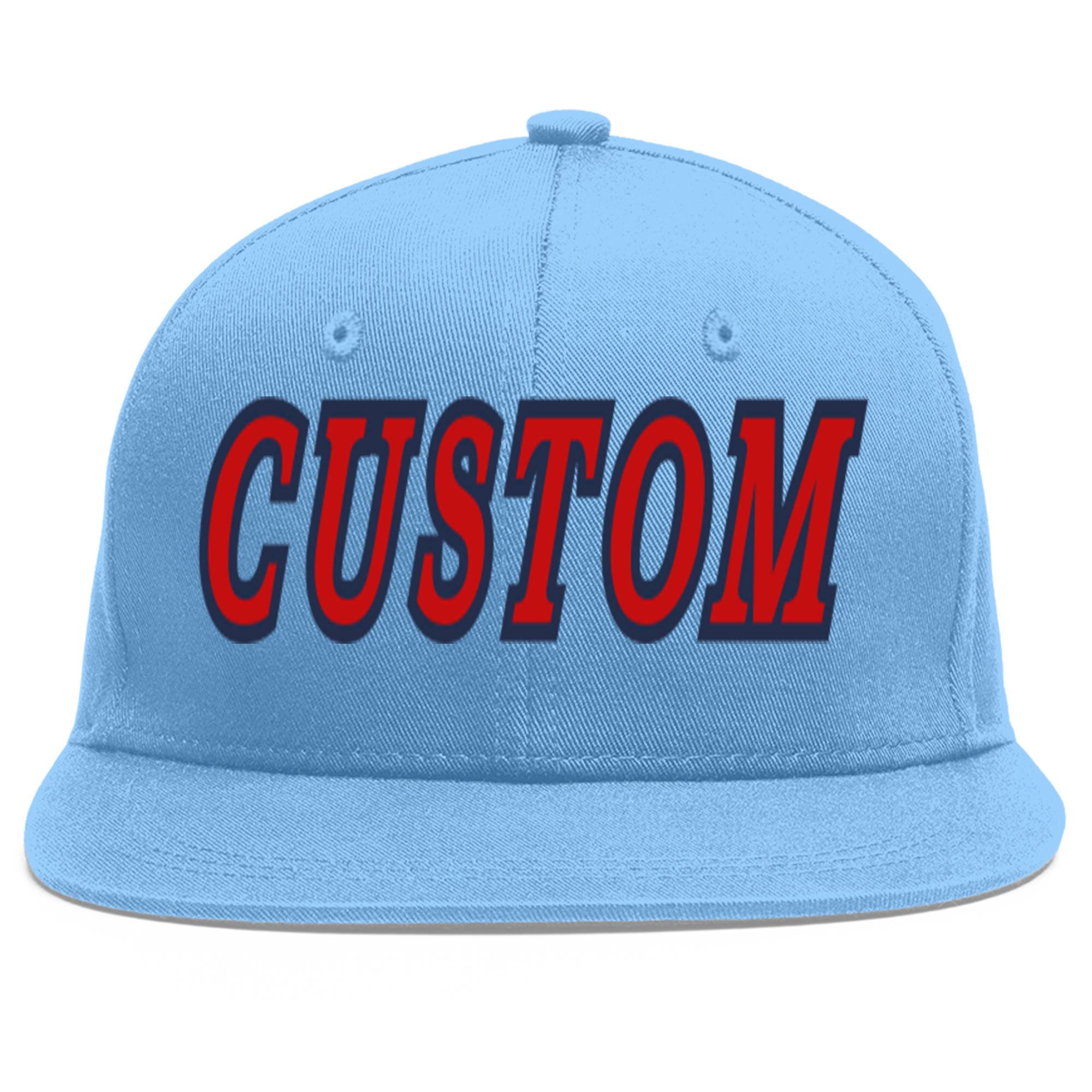 Custom Light Blue Red-Navy Flat Eaves Sport Baseball Cap