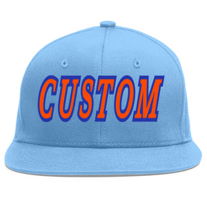 Custom Light Blue Orange-Royal Flat Eaves Sport Baseball Cap