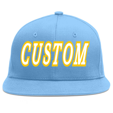 Custom Light Blue White-Gold Flat Eaves Sport Baseball Cap