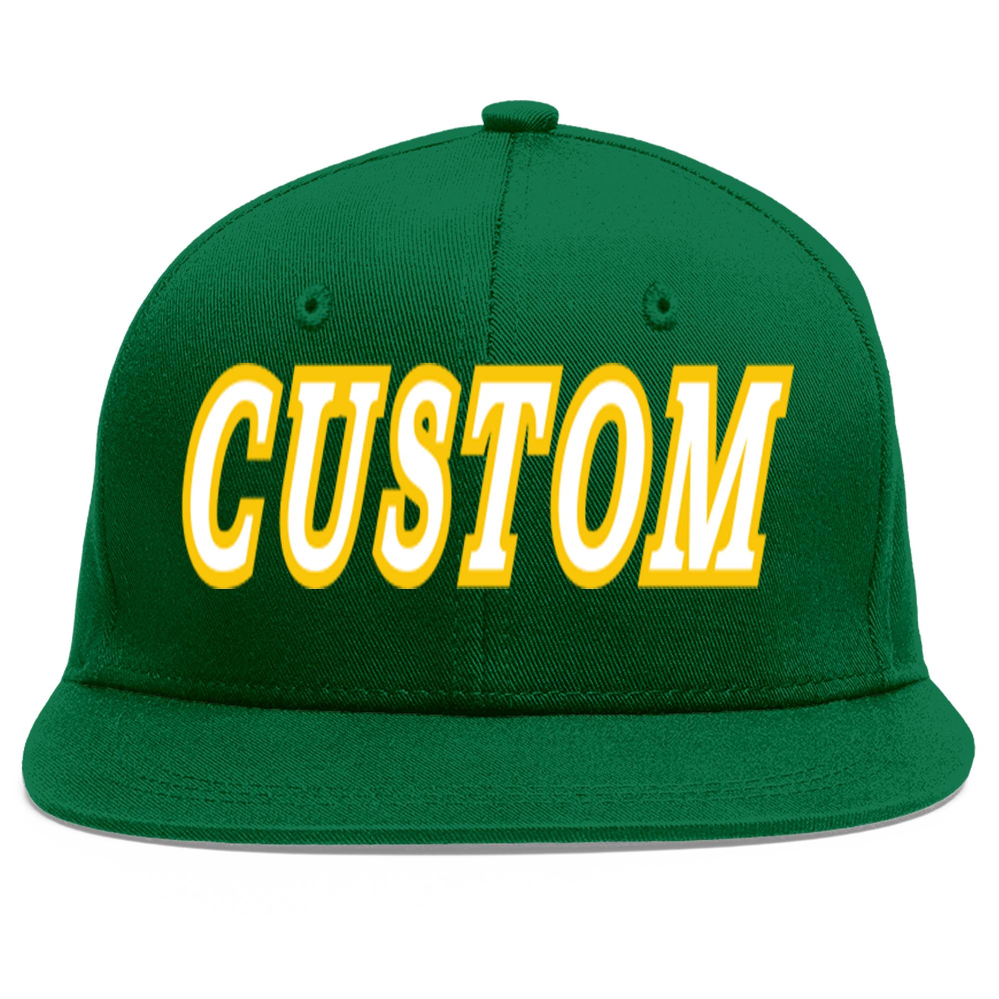 Custom Green White-Gold Flat Eaves Sport Baseball Cap