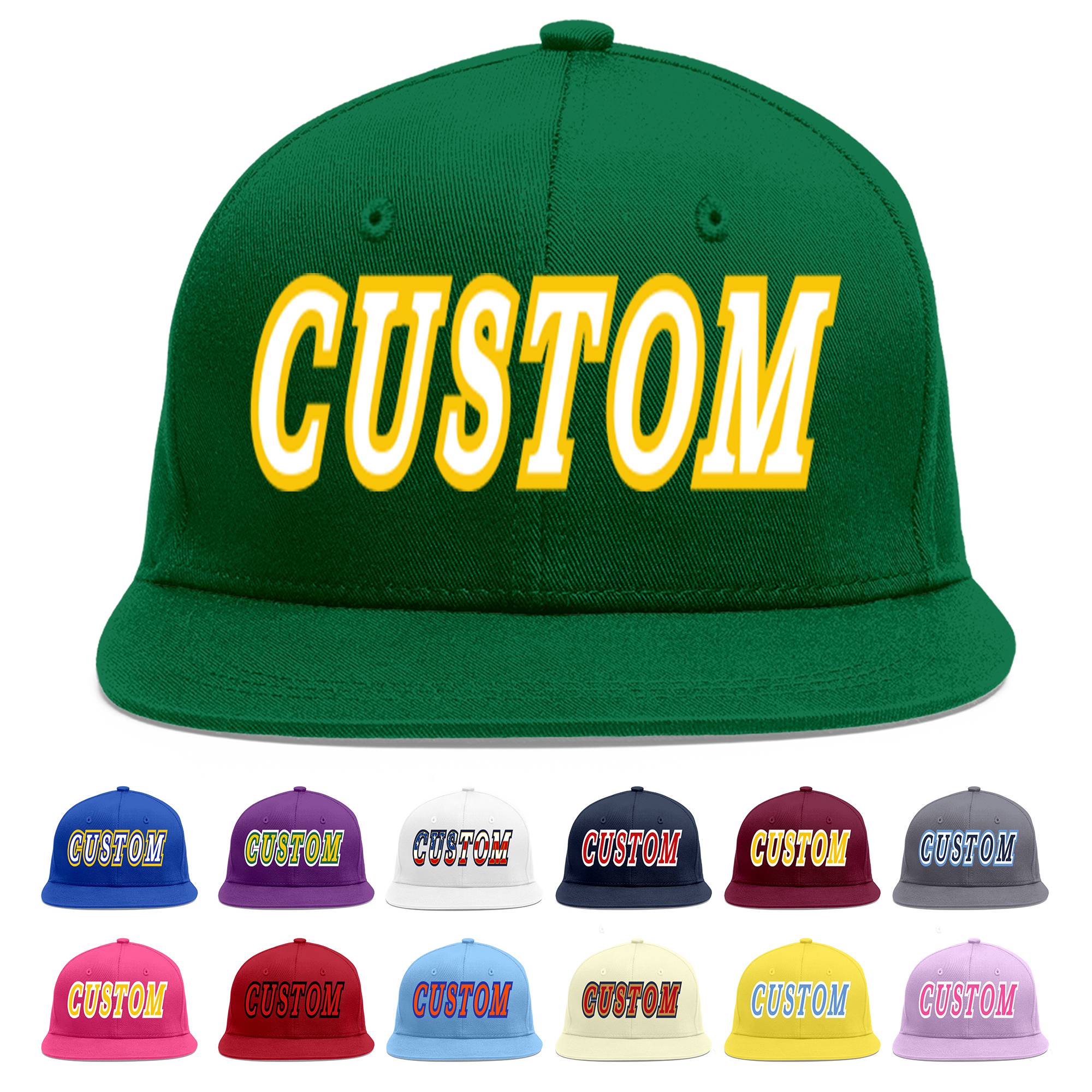 Custom Green White-Gold Flat Eaves Sport Baseball Cap