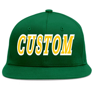 Custom Green Gold-White Flat Eaves Sport Baseball Cap