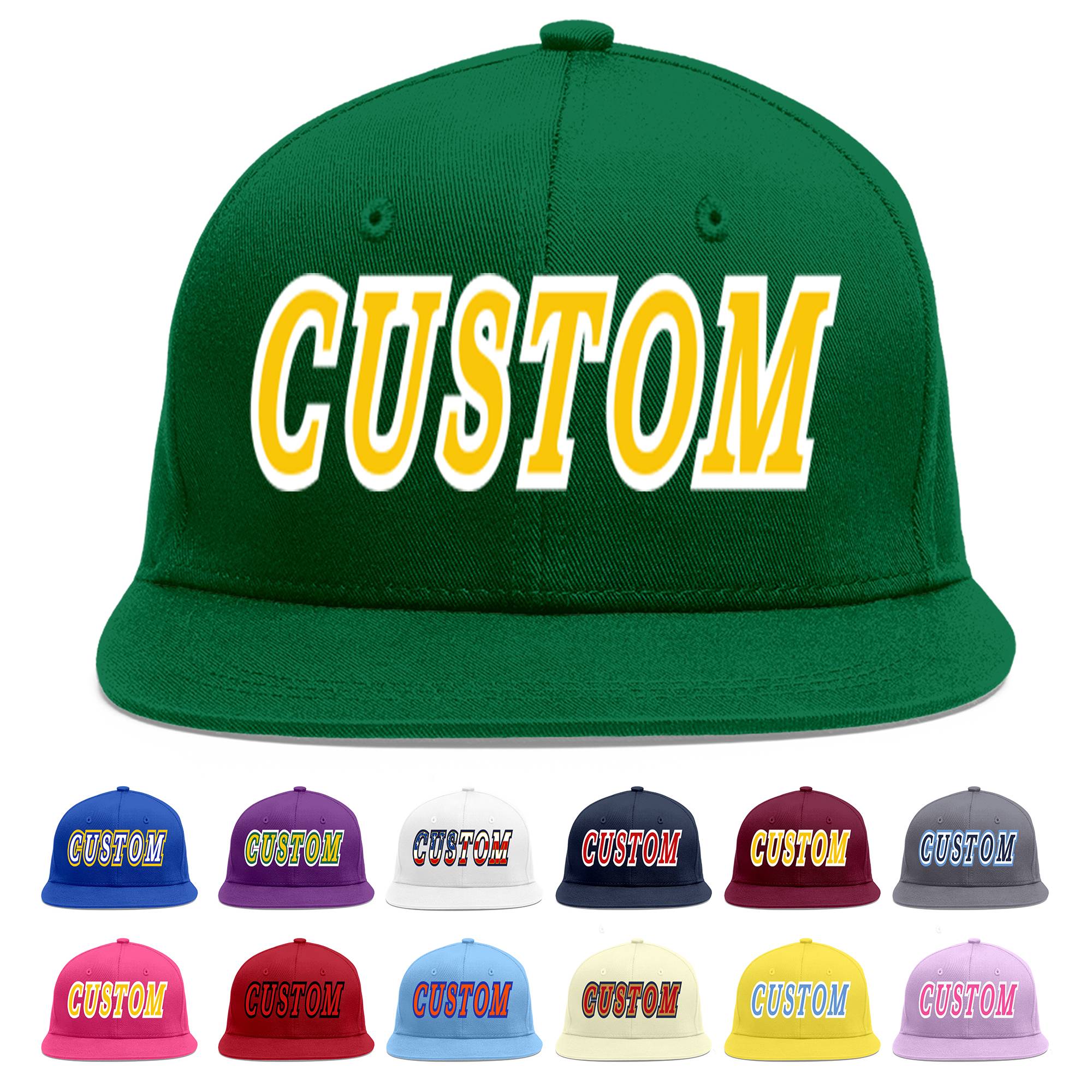 Custom Green Gold-White Flat Eaves Sport Baseball Cap