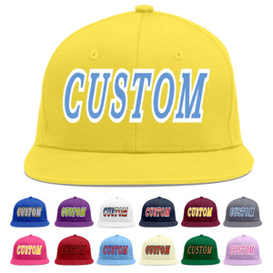 Custom Light Gold Light Blue-White Flat Eaves Sport Baseball Cap