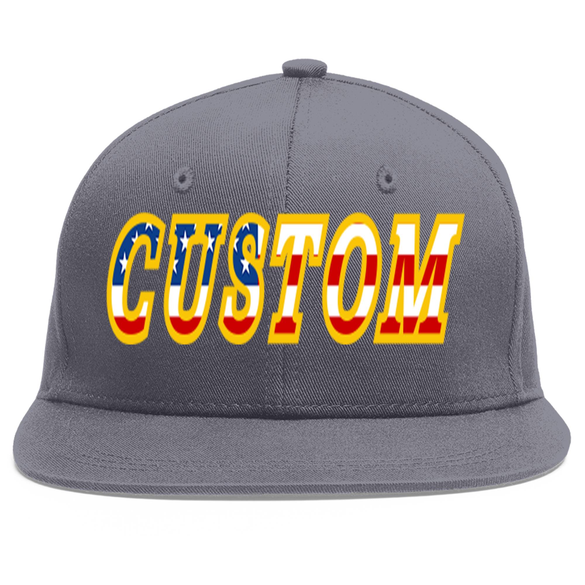 Custom Dark Gray Vintage USA Flag-Gold Flat Eaves Sport Baseball Cap