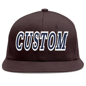 Custom Brown Navy-White Flat Eaves Sport Baseball Cap