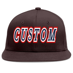 Custom Brown Navy-White Flat Eaves Sport Baseball Cap