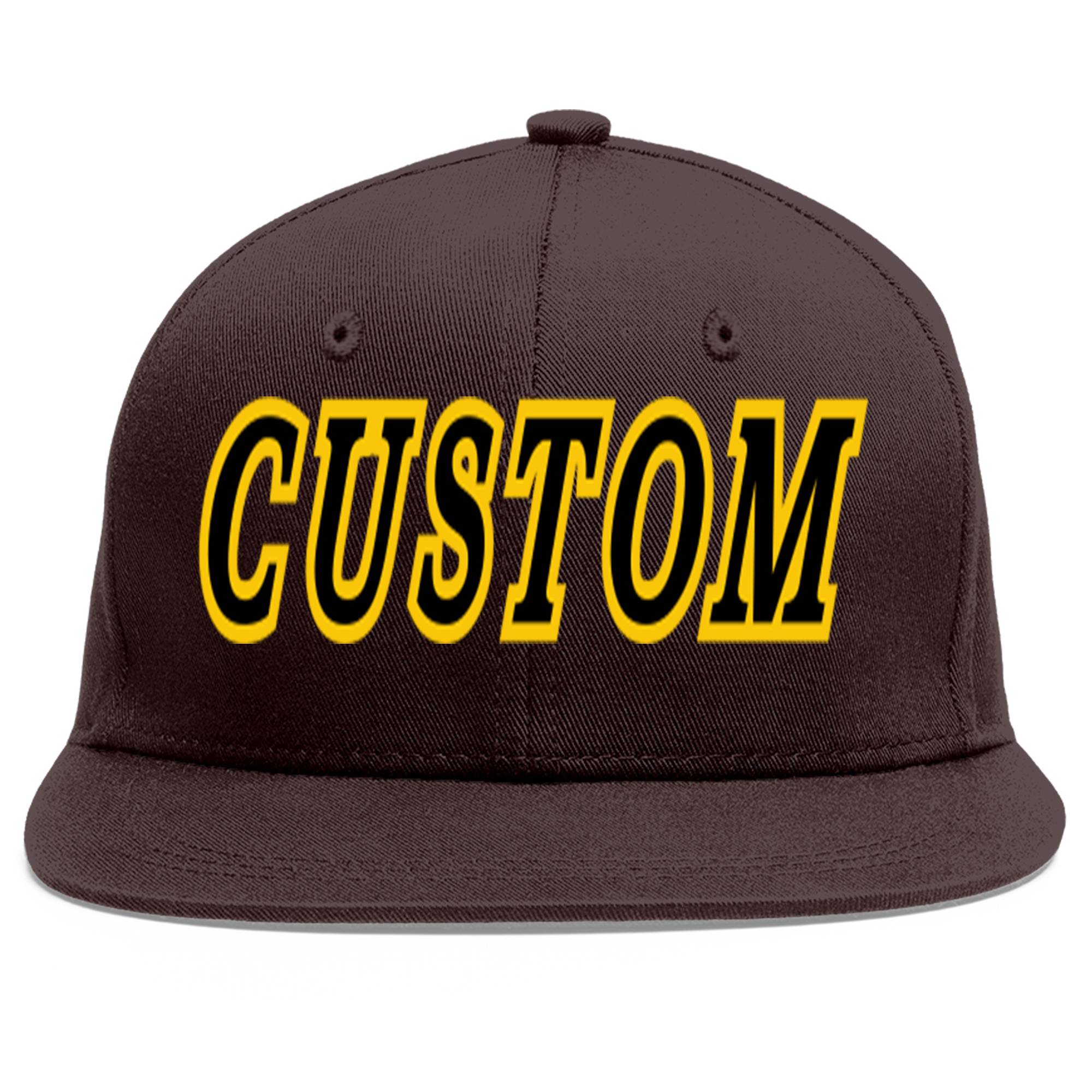 Custom Brown Black-Gold Flat Eaves Sport Baseball Cap