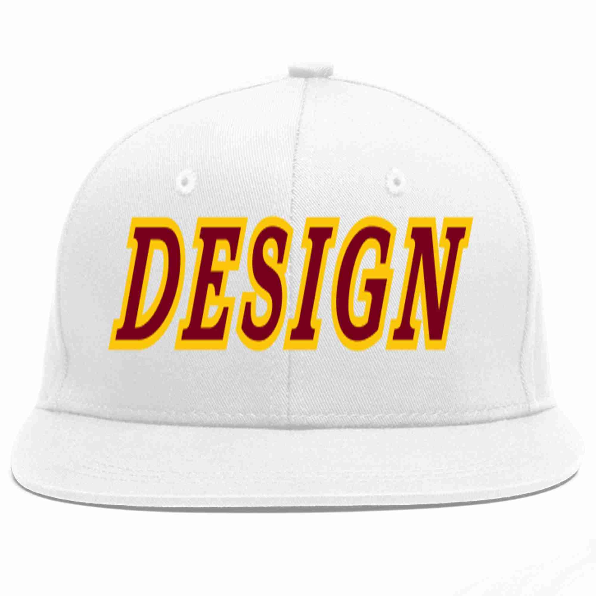 Custom White Crimson-Gold Flat Eaves Sport Baseball Cap Design for Men/Women/Youth