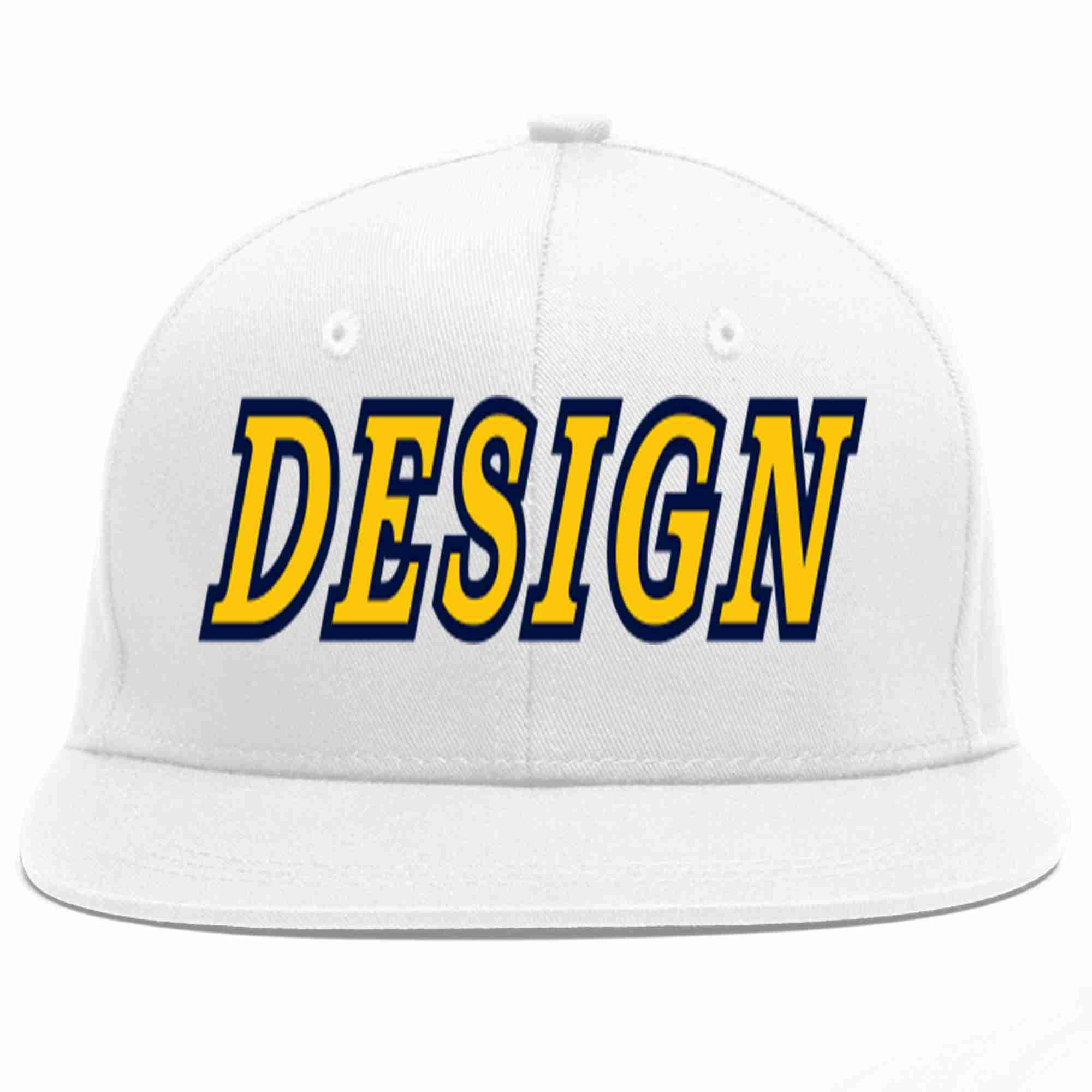 Custom White Gold-Navy Flat Eaves Sport Baseball Cap Design for Men/Women/Youth