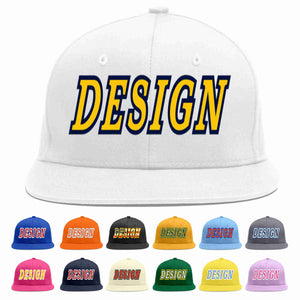 Custom White Gold-Navy Flat Eaves Sport Baseball Cap Design for Men/Women/Youth