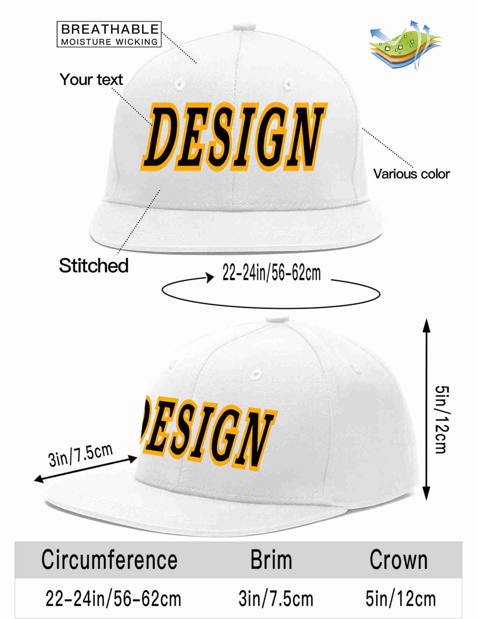 Custom White Black-Yellow Flat Eaves Sport Baseball Cap Design for Men/Women/Youth