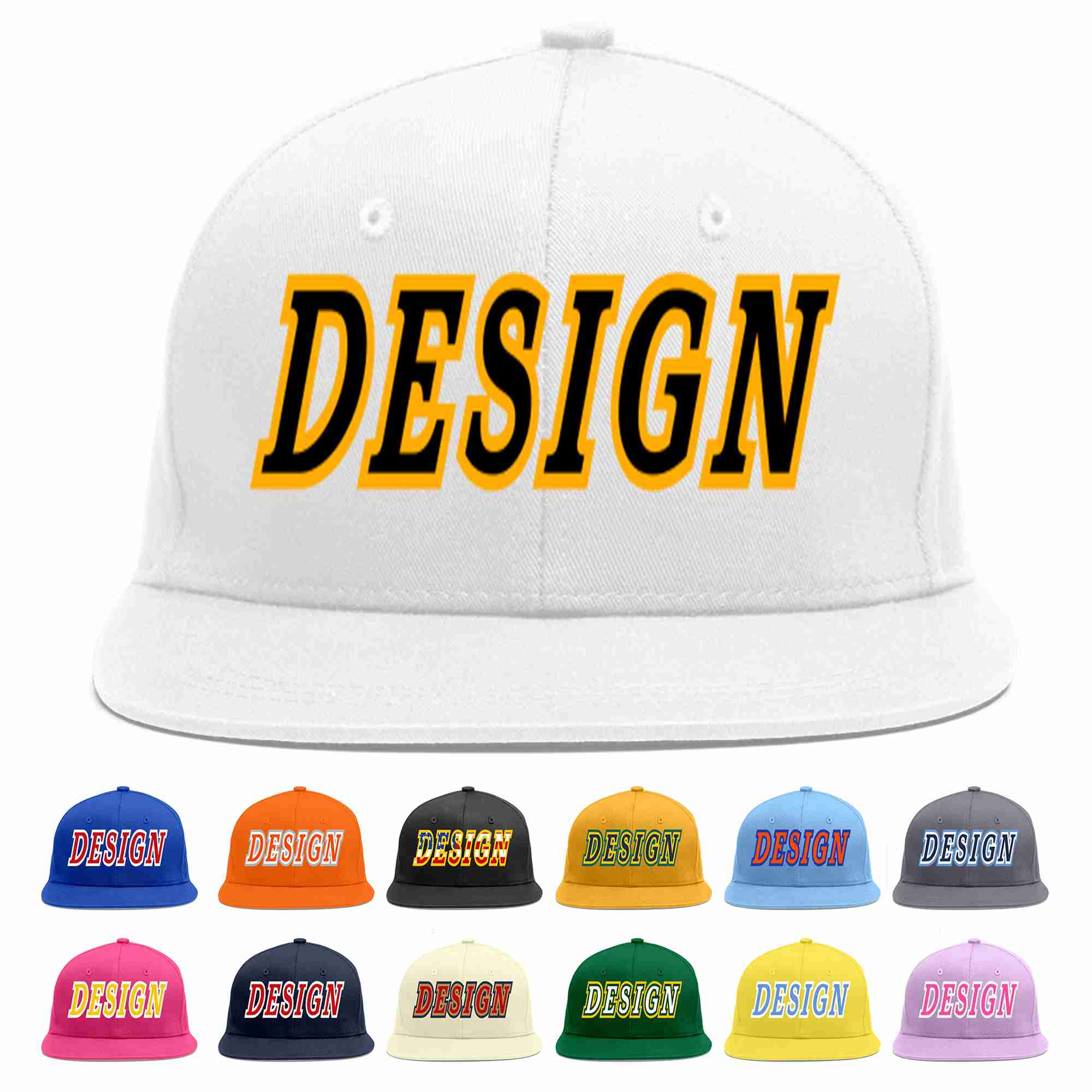 Conception personnalisée de casquette de baseball de sport à avant-toit plat blanc noir-jaune pour hommes/femmes/jeunes