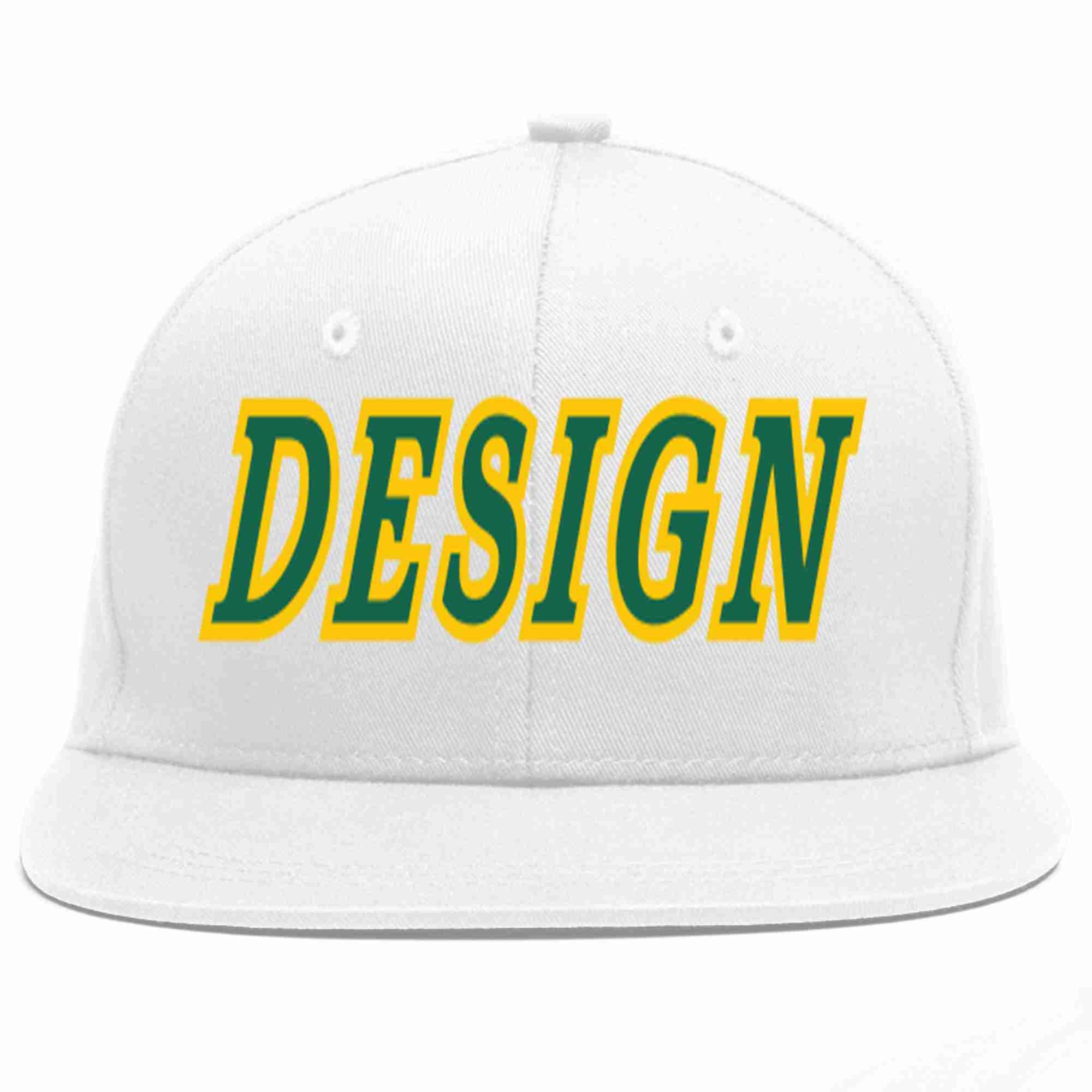 Custom White Kelly Green-Gold Flat Eaves Sport Baseball Cap Design for Men/Women/Youth