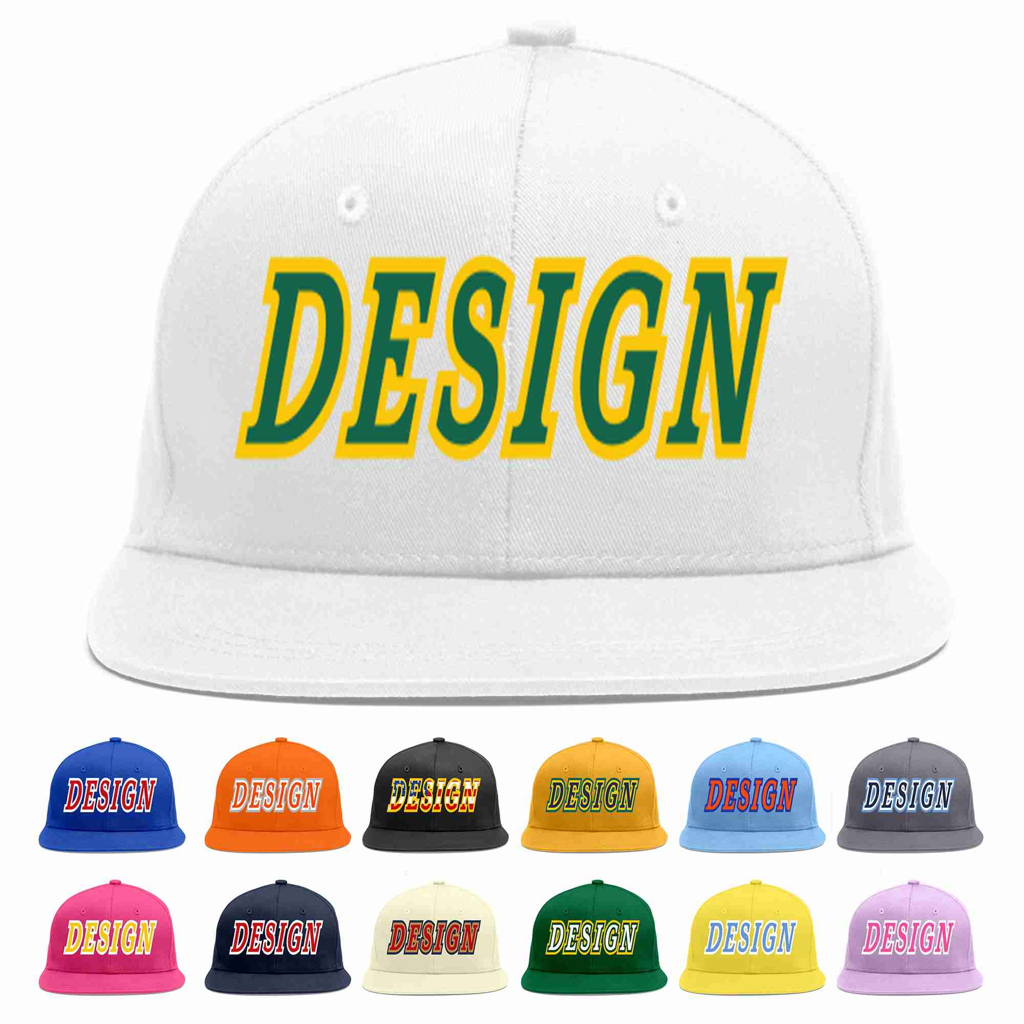 Custom White Kelly Green-Gold Flat Eaves Sport Baseball Cap Design for Men/Women/Youth