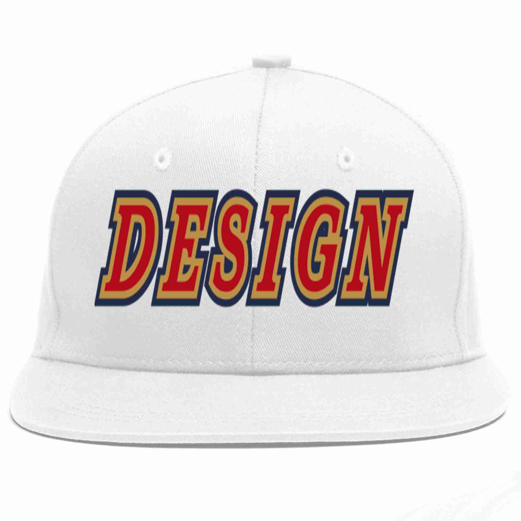 Custom White Red-Old Gold Flat Eaves Sport Baseball Cap Design for Men/Women/Youth