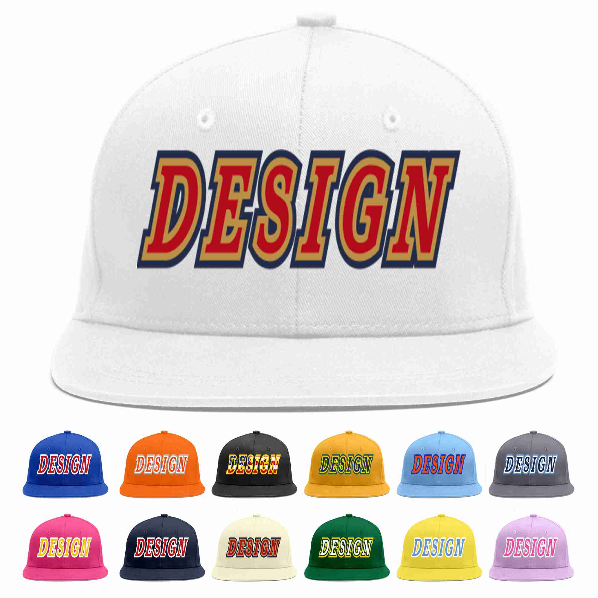 Custom White Red-Old Gold Flat Eaves Sport Baseball Cap Design for Men/Women/Youth