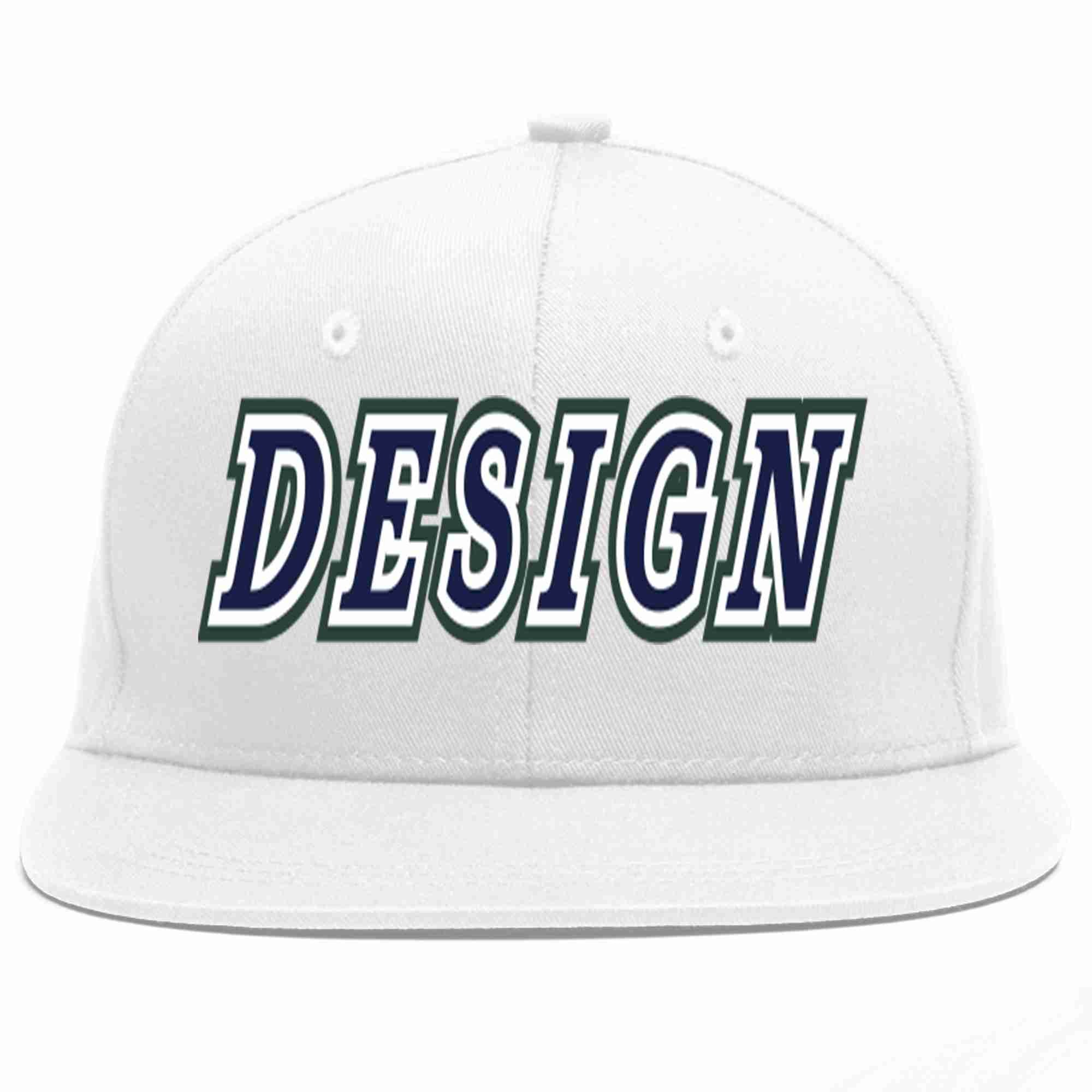 Custom White Navy-White Flat Eaves Sport Baseball Cap Design for Men/Women/Youth