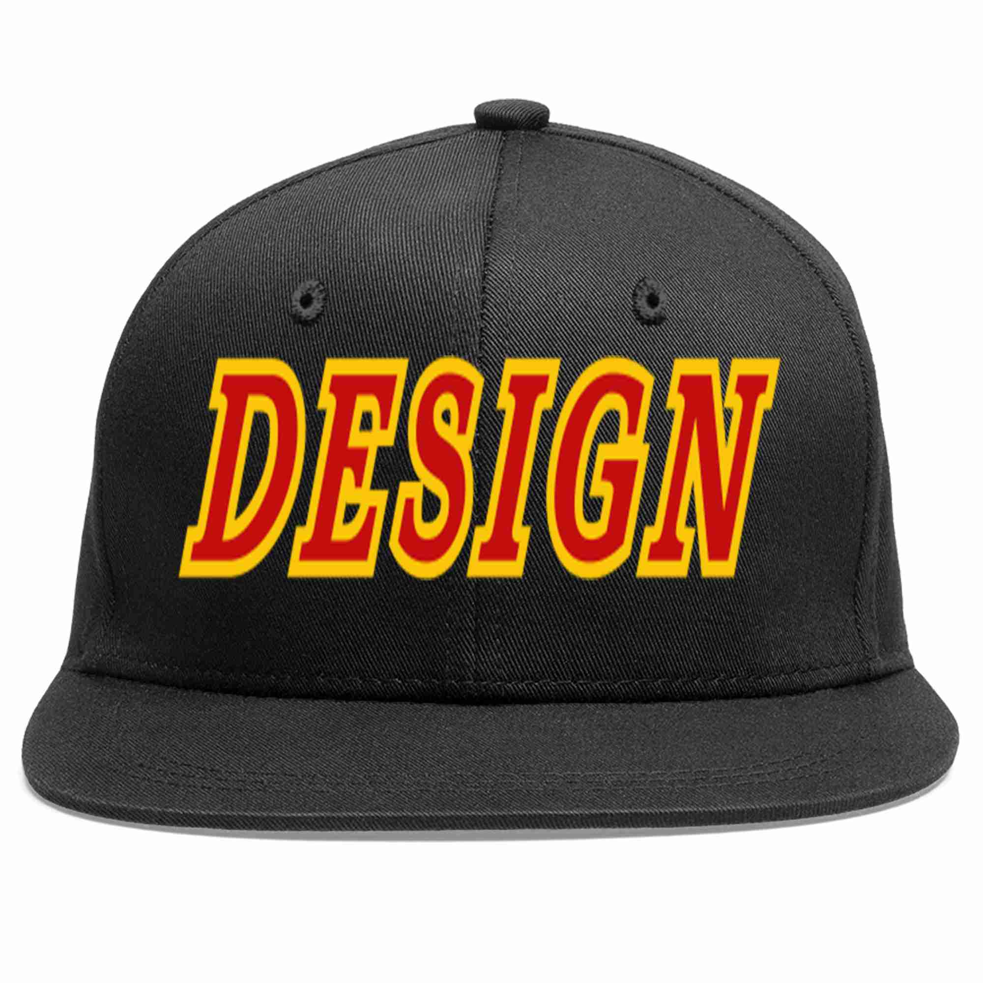 Conception personnalisée de casquette de baseball de sport à avant-toit plat noir rouge-jaune pour hommes/femmes/jeunes