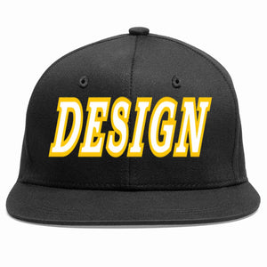 Custom Black White-Gold Flat Eaves Sport Baseball Cap Design for Men/Women/Youth