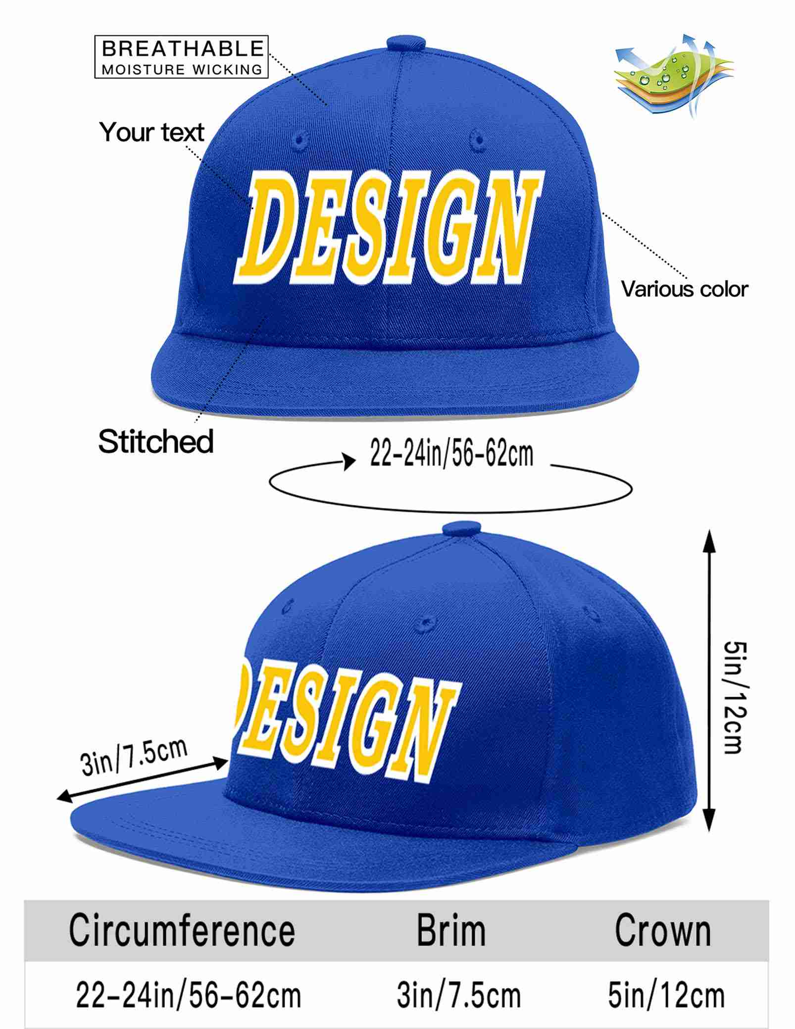 Custom Royal Gold-White Flat Eaves Sport Baseball Cap Design for Men/Women/Youth