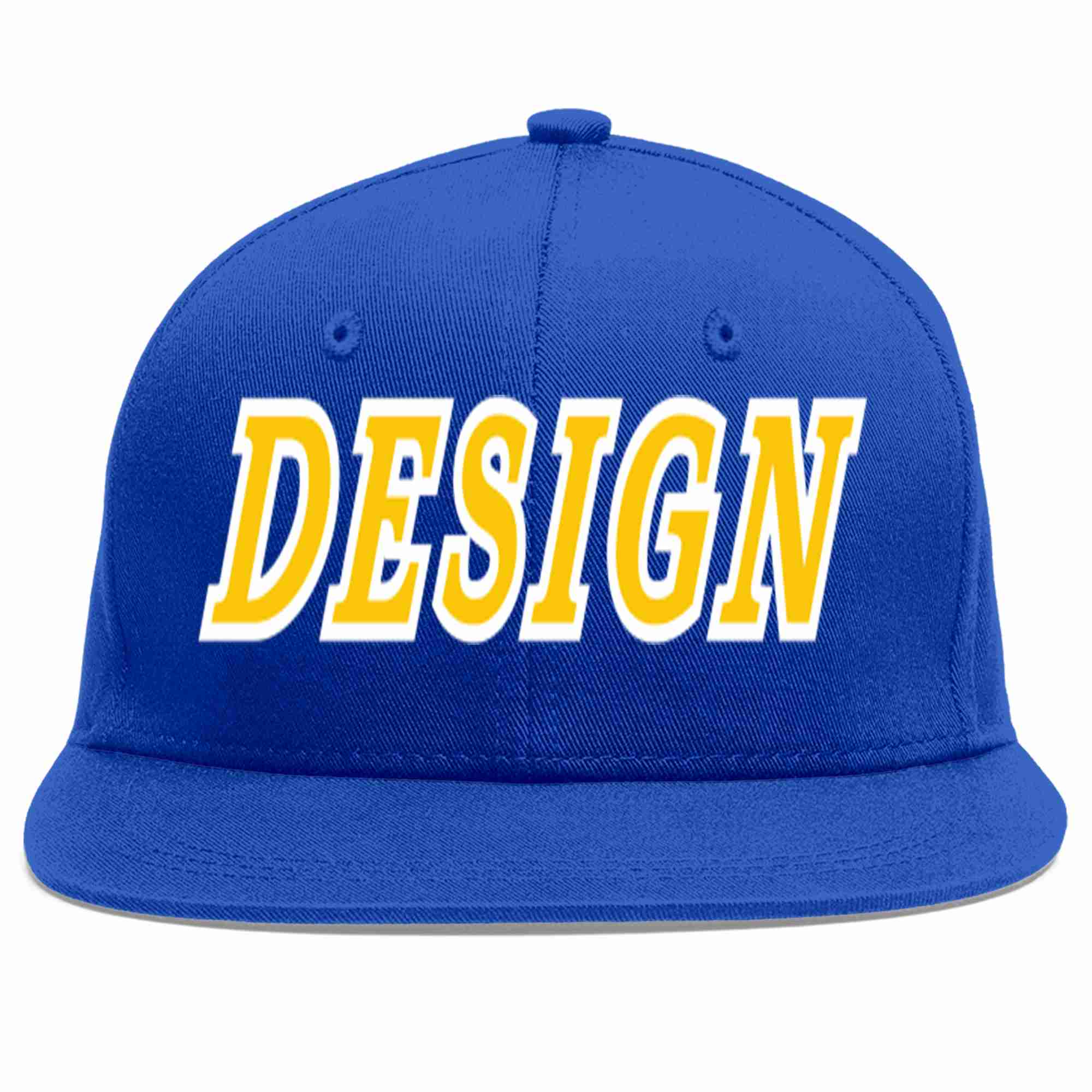 Custom Royal Gold-White Flat Eaves Sport Baseball Cap Design for Men/Women/Youth