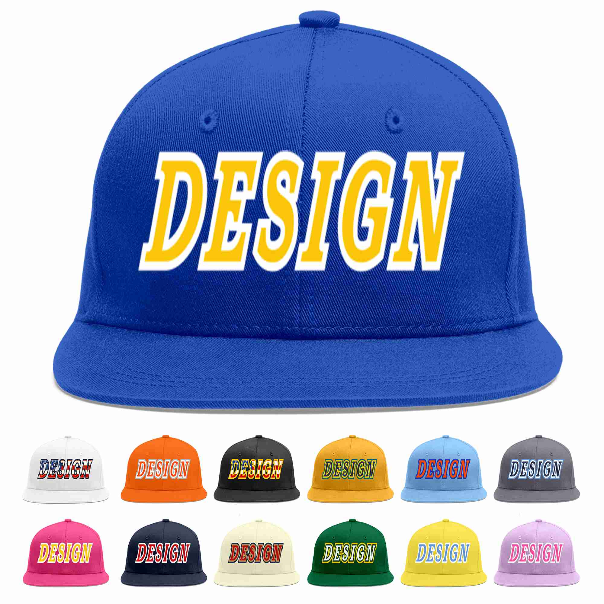 Custom Royal Gold-White Flat Eaves Sport Baseball Cap Design for Men/Women/Youth