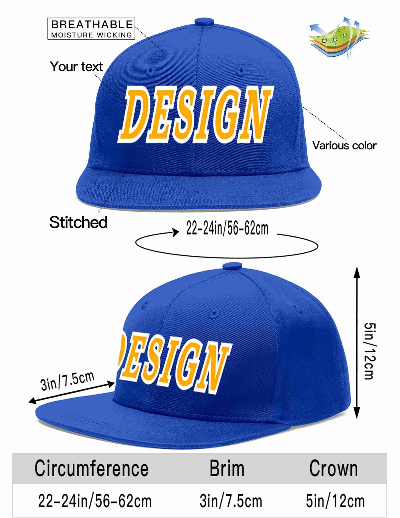 Custom Royal Yellow-White Flat Eaves Sport Baseball Cap Design for Men/Women/Youth