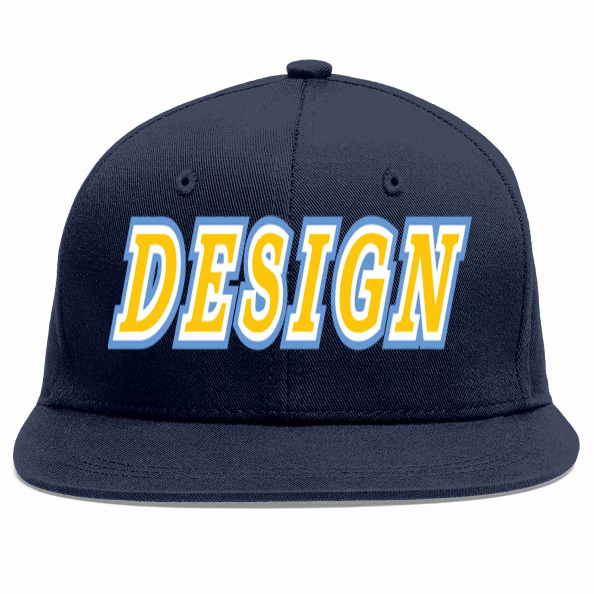 Conception personnalisée de casquette de baseball de sport à avant-toit plat bleu marine or-blanc pour hommes/femmes/jeunes