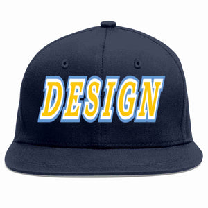 Conception personnalisée de casquette de baseball de sport à avant-toit plat bleu marine or-blanc pour hommes/femmes/jeunes