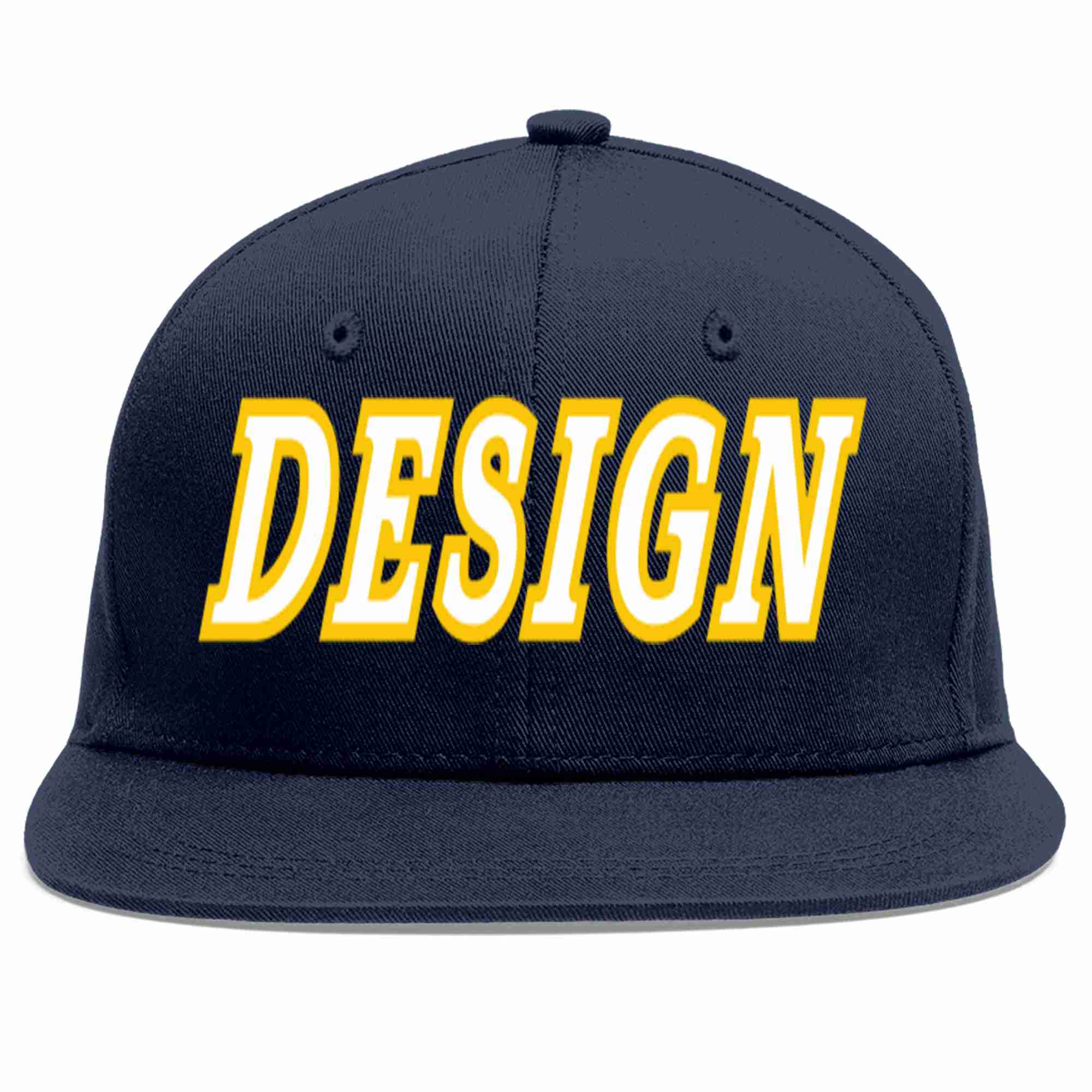 Custom Navy White-Gold Flat Eaves Sport Baseball Cap Design for Men/Women/Youth