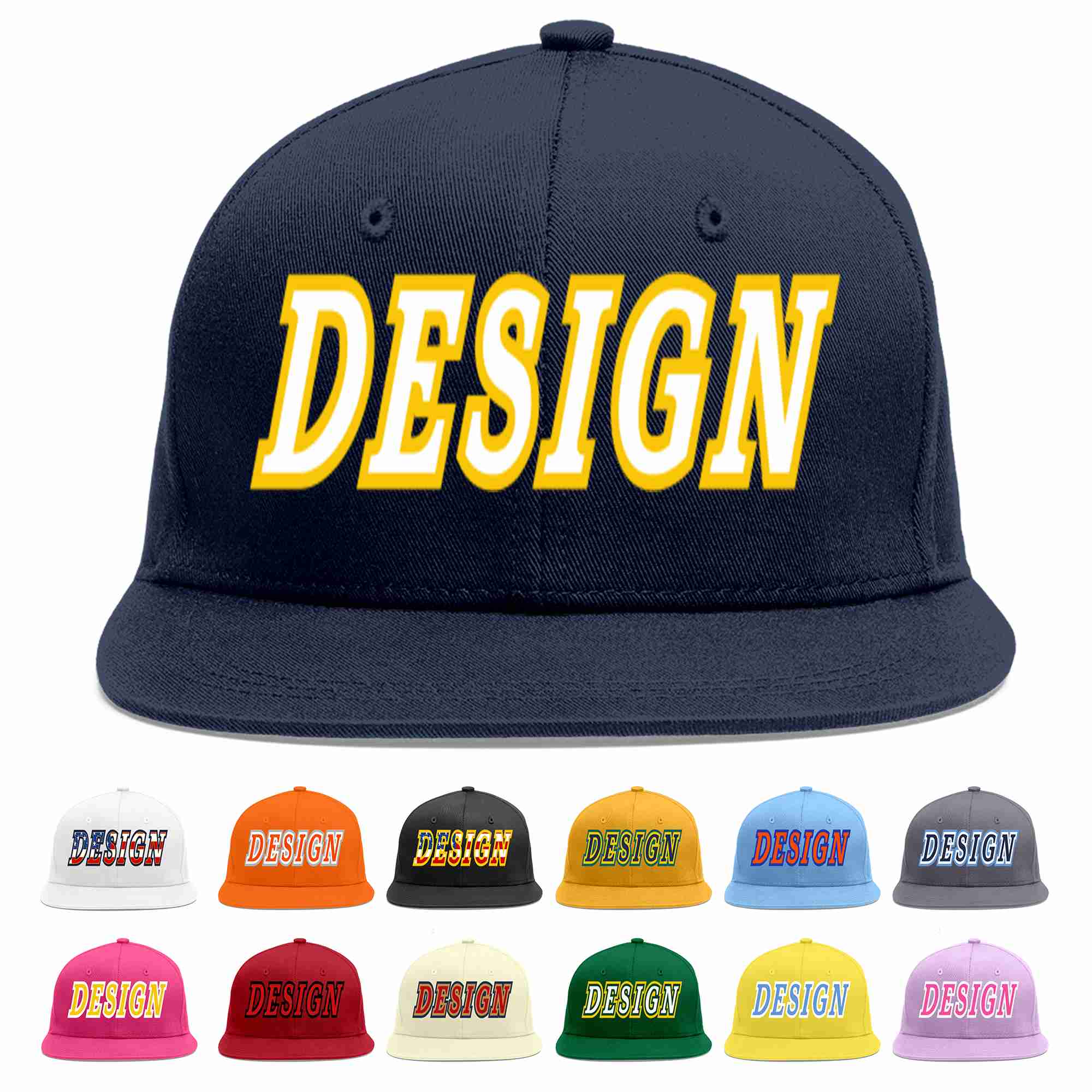 Custom Navy White-Gold Flat Eaves Sport Baseball Cap Design for Men/Women/Youth