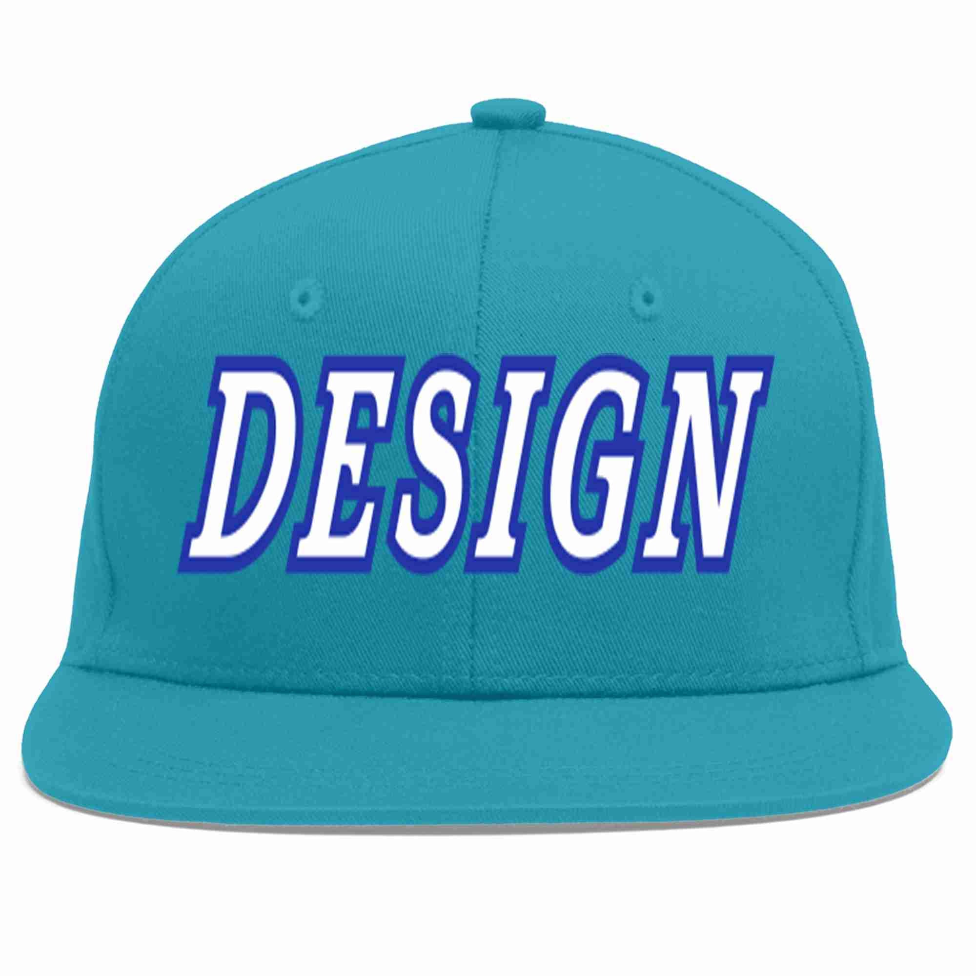 Custom Aqua White-Royal Flat Eaves Sport Baseball Cap Design for Men/Women/Youth