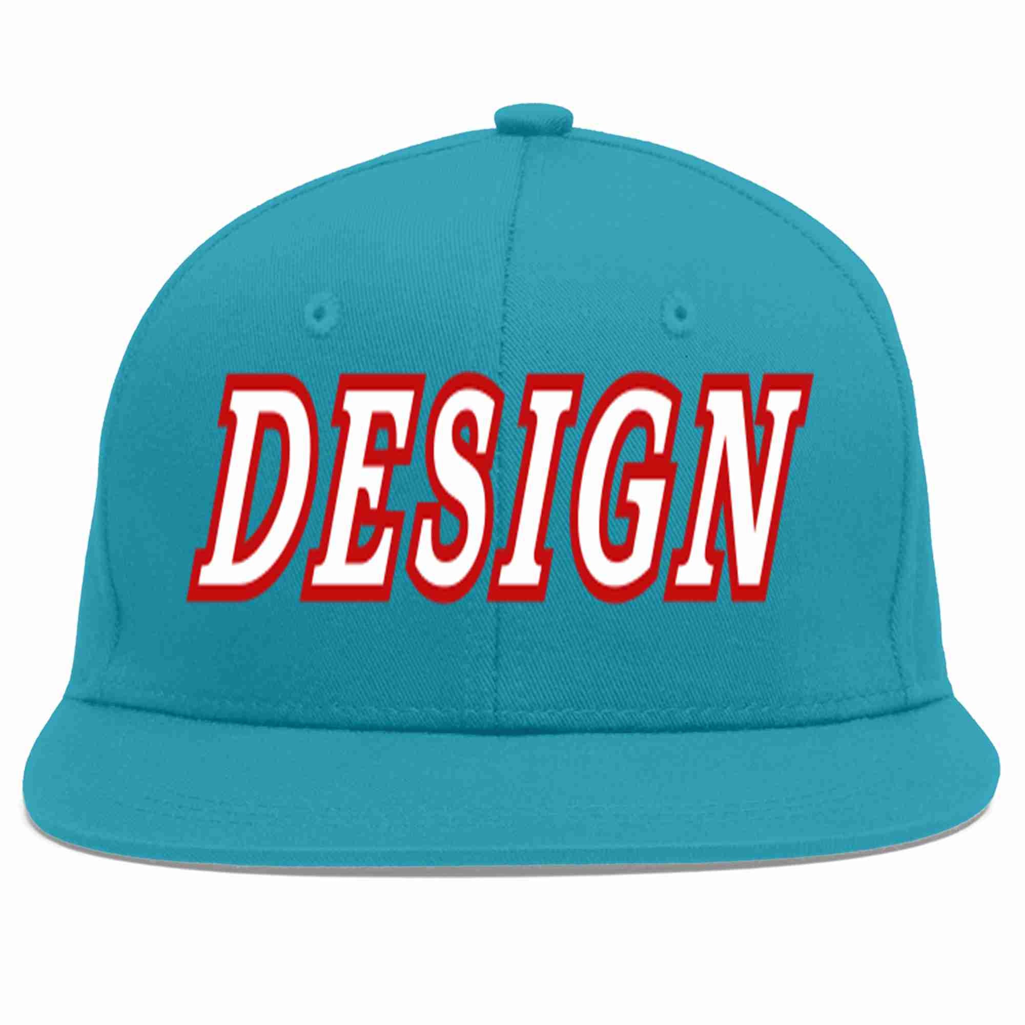 Custom Aqua White-Red Flat Eaves Sport Baseball Cap Design for Men/Women/Youth