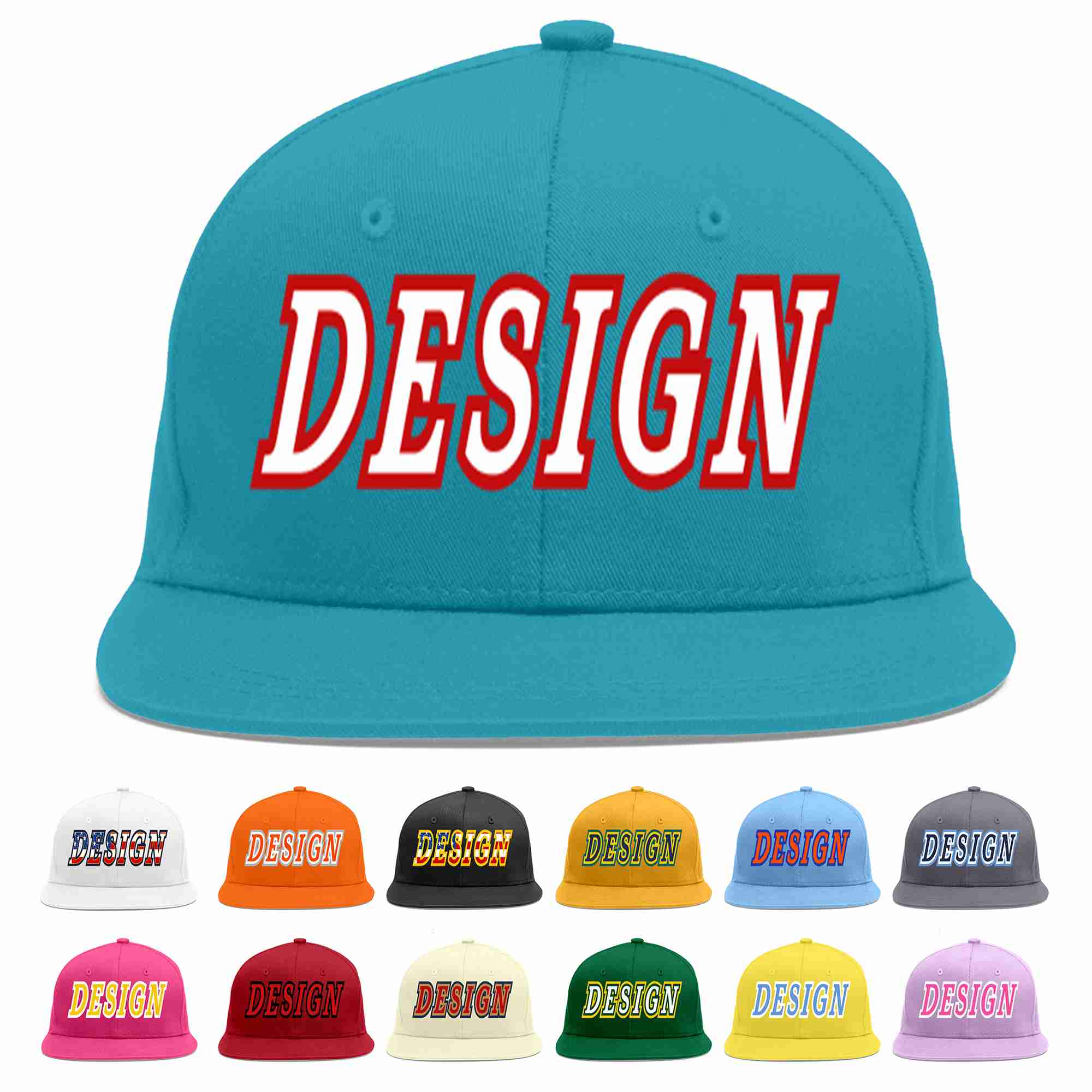 Custom Aqua White-Red Flat Eaves Sport Baseball Cap Design for Men/Women/Youth