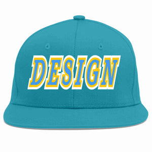 Custom Aqua Powder Blue-Gold Flat Eaves Sport Baseball Cap Design for Men/Women/Youth