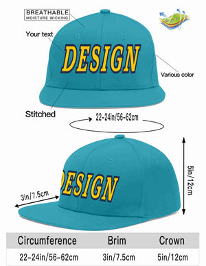 Custom Aqua Gold-Navy Flat Eaves Sport Baseball Cap Design for Men/Women/Youth