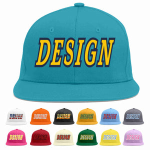 Custom Aqua Gold-Navy Flat Eaves Sport Baseball Cap Design for Men/Women/Youth