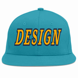 Custom Aqua Yellow-Navy Flat Eaves Sport Baseball Cap Design for Men/Women/Youth