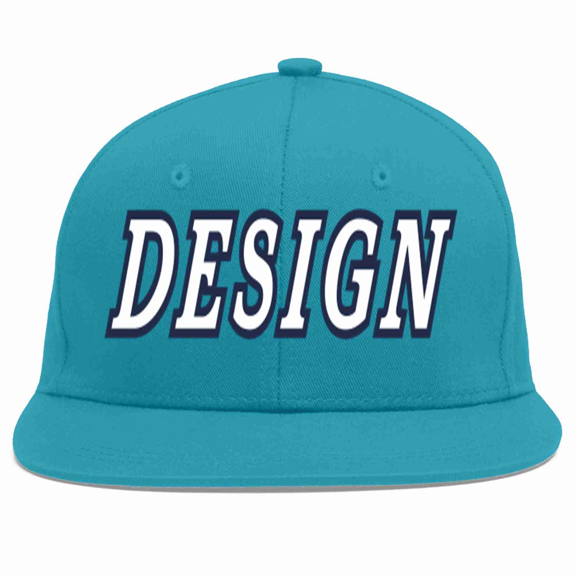 Custom Aqua White-Navy Flat Eaves Sport Baseball Cap Design for Men/Women/Youth